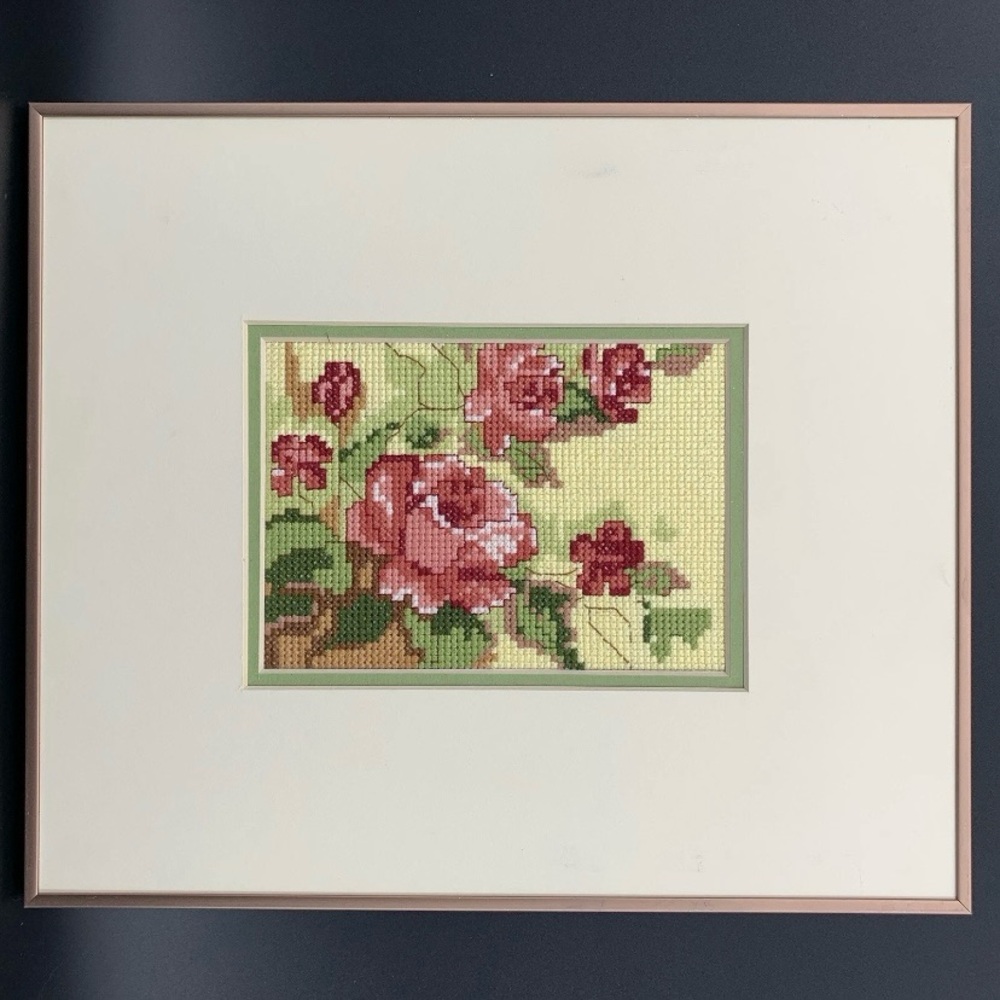 Vintage Framed Cross Stitch “A Tisket A Tasket” Floral Wall Art NOS